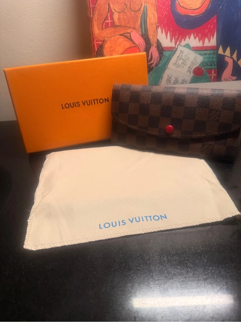 Inspired Damier Ebene Card Holder Wallet with Red Snap